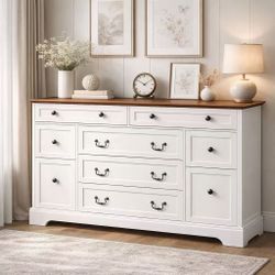 Farmhouse 9 Drawer Dresser with Charging Station, 54" Wide Wide Wood Dresser with Roman Metal Handle, Vintage Dressers TV Stand, Chest of Drawers for 