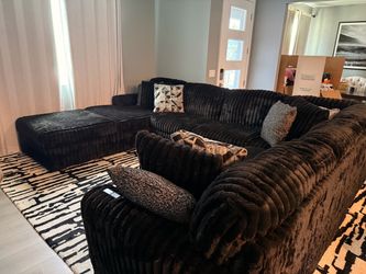 Large Black Corduroy Sectional Sofa with Ottoman