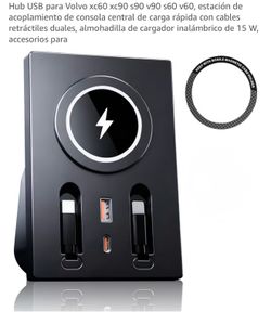 USB Hub for Volvo XC60, XC90, S90, V90, S60, V60; fast-charging center console docking station with dual retractable cables and 15W wireless charging 