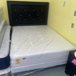 Queen Size,Tuft & Needle 10-Inch Memory Foam Mattress, Metal-Leg Box Spring, and Black Headboard with Lights” 