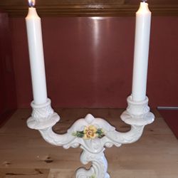 PORCELAIN ITALIAN MADE (CAPODIMONTE) ADORNED w/ PORCELAIN FLOWERS & HALLMARKED w/ CROWN & MADE IN ITALY 9 Inch x 9 Inch TWO CANDLE CANDELABRA 