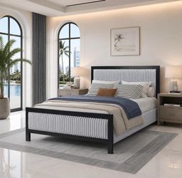 Queen Upholstered Bed with Fluffy  Headboard,Grey+Black Frame L-5 BRAND NEW