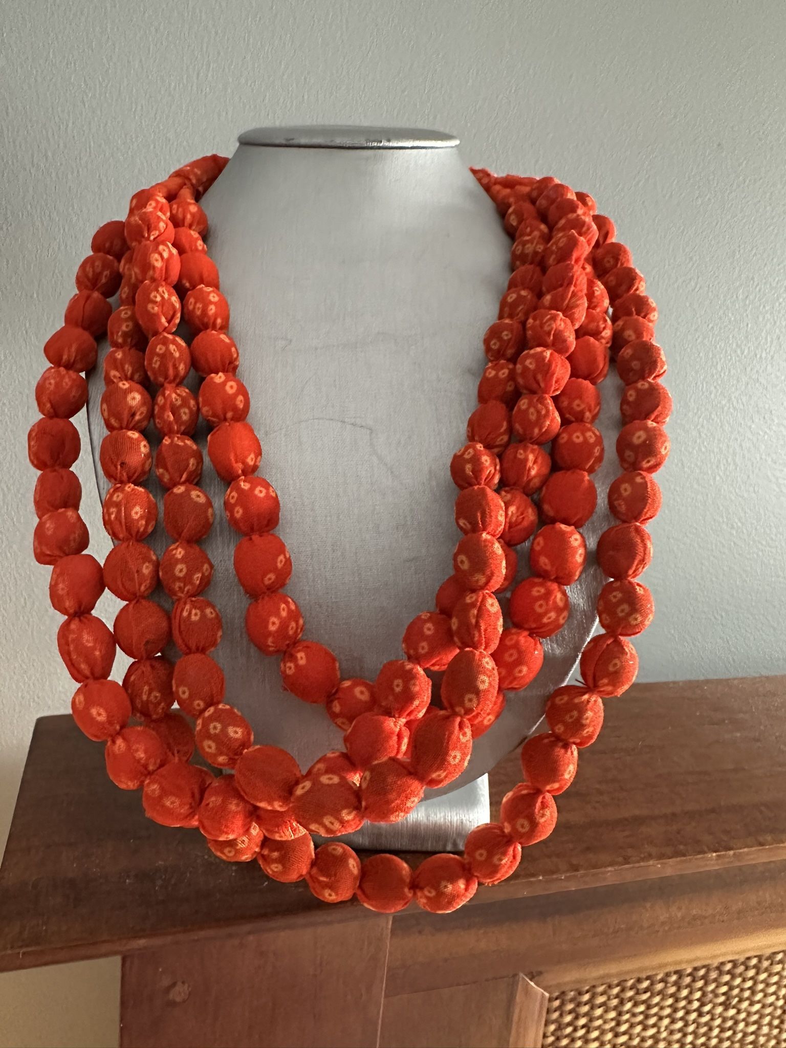 Artisan Orange Bandhini Saree Fabric Bead Handmade Multi-layer Necklace. NWOT!