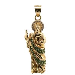 Men’s Woman’s 14k Yellow Gold Green And Clear CZ Saint St. Jude San Judas Pendant For Necklace GP3091111