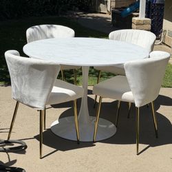 Modern Round Dining Table Set – Marble Look + 4 Velvet Chairs (Gold Legs)