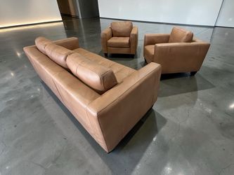 Modern Cognac Leather Sofa & Two Armchair Set