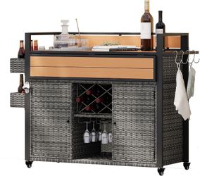 #496 52.8"W Wicker Outdoor Grill Cart with Extended Plastic Wood Table Top, Rolling Kitchen Island on Wheels with Storage Cabinet, for Patio Backyard