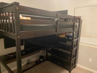 Dark Brown Wood Loft Bed with Stairs