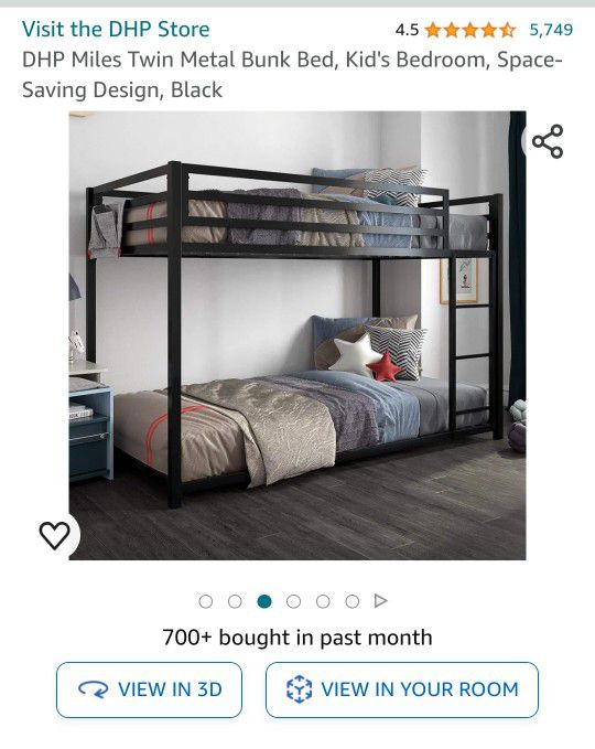 DHP Miles Twin Metal Bunk Bed, Kid's Bedroom, Space-Saving Design, Black

