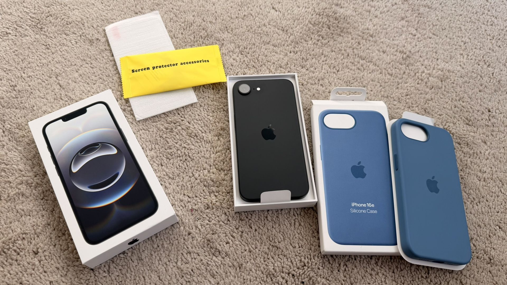 Apple iPhone 16e Black Unlocked with Apple Silicone Case (Winter Blue) & Screen Protector