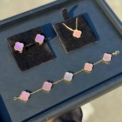 18k yellow gold Van cleef style pink MOP clover shape stone bracelet necklace earrings set