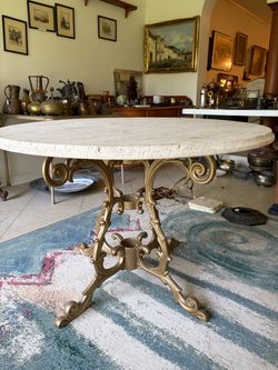 Vintage Italian Style Travertine Stone Table with Ornate Gold Pedestal Base