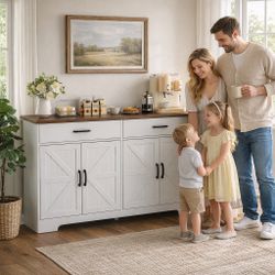  Modern Sideboard Buffet Cabinet with Storage, Farmhouse Kitchen Cabinet Buffet Table with Doors and Drawers, for Dining Room, White, 55"