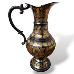 Antique EWER Vintage Brass Pitcher Mid-Century Etched Floral Vase Handle 13” 50s