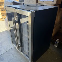 Dual Zone Wine and Beverage Refrigerator, Built-in or Freestanding Cooler with French Doors, Under Counter Drink Fridge with Upgraded Compressor for B