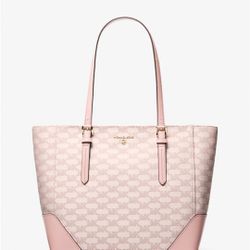 NEW WITH TAGS MICHEAL KORS LEATHER AND WOVEN FABRRIC LOGO EMBROIDERED WITH LEATHER BOTTOM, CORNERS AND HANDLES. 
