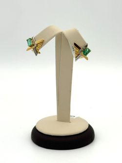 18K TWO-TONE GOLD EMERALD DIAMOND STUD EARRINGS 6.07G USED