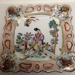 Vintage Moriage Porcelain Trinket Tray Oriental Geisha Girl & Flying Dragon 