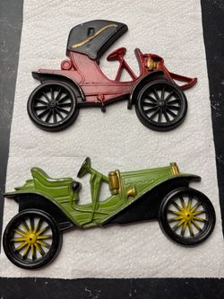 Vintage Midwest Cast Metal Antique Car Wall Plaques Set of 2
