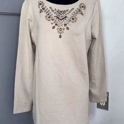 Susan Graver S Top Tan Beige Embellished Stretch 3/4 Sleeve Long Tunic Beaded