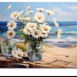 2(contact info removed)  Floral Canvas Wall Art White Daisy in Vase Near Beach 23.6L" x 15.8W" daisy