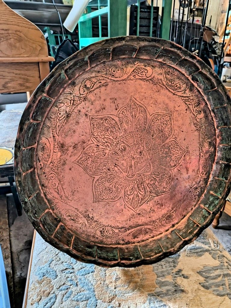Old copper ottoman turkish antique copper plate / bowl has a diameter of 14"