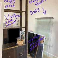 Vintage Etagere Bookcase shelf Cabinet Wood w Brass Trim