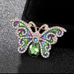 Enamel green butterfly brooch  Material: rhinestones and copper  Size 1.75”x1”