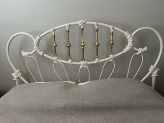 Elliott white enameled iron and brass vintage Queen headboard