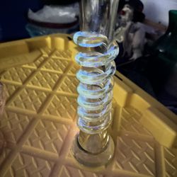 13” GLOWING, Heavy Art Deco Handmade Blown Color Glass Vase with Winding Clear Glass Ribbon