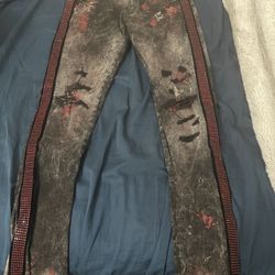 Black Skinny Jeans With Red Rhinestones On Side | Size 28/W 32