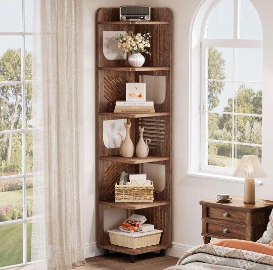 6-Tier Tall Corner Shelf, 71-Inch Rustic Narrow Corner Bookshelf Bookcase with Square Rack, Freestanding Corner Display Storage Shelf Organizer for Li