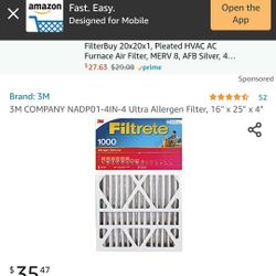 3M COMPANY NADP01-4IN-4 Ultra Allergen Filter, 16" x 25" x 4"