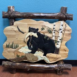 Bear 🐻 Fishing” wall Art handcrafted, woodworks.  bears by the river