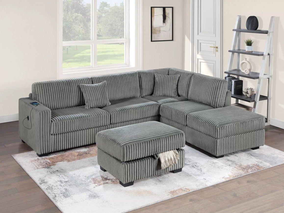 Brand New Grey Corduroy Sectional Sofa w Storage Ottoman