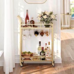 Bar Cart Gold, Home Bar Serving Cart, Wine Cart with 2 Mirrored Shelves, Wine Holders, Glass Holders, for Kitchen, Dining Room, Gol