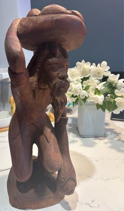 AFRICAN WOOD CARVED TRIBAL MAN STATUE CARVING  16” TALL