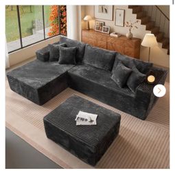 BP 108 in. Wide Arm 2-Piece Modern Plush Corduroy L-Shape Modular Sectional Sofa in. Gray with Right Chaise and Ottoman