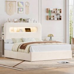 Queen Upholstered LED Bed Frame w/ USB Charging Headboard – Cream