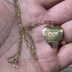 Vintage 14K Necklace & 10K Heart Locket With Hummingbird & Flower
