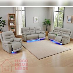 3 - Piece Light Gray Breathing Leather Living Room recliner Sofa set