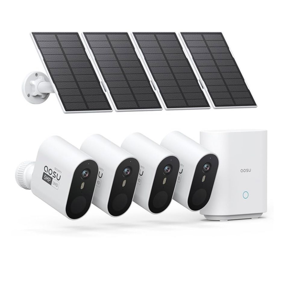 AOSU 3K/5MP Solar Security Cameras Outdoor Wireless, Ultra HD Video Home Security System 4-Cam Kit with 166° Ultra Wide Angle, Cam-to-Cam Sync, Color