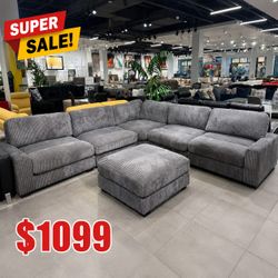 Gray Corduroy Sectional Sofa with Ottoman modular