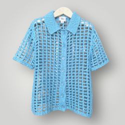 Urban Outfitters Osaka Open-Knit Cage Button Down Polo, Size S, Blue