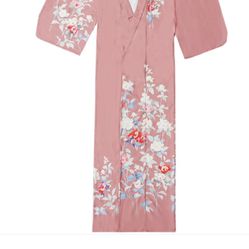 Women Pink Blossom Yukata Robe and Obi Belt Set 