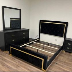 Pepe Black/gold Panel Bedroom Set/Dresser, Mirror, Nightstand, Bed/ Queen And King Size Available/ Mattress Sold Separately 