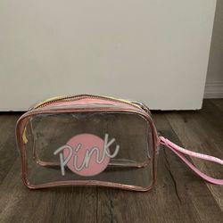 cute victorias secret pink cosmetic bag used has some makeup on it