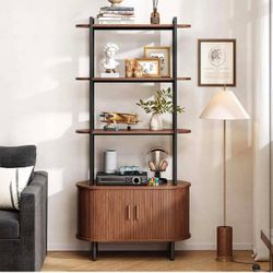 Office Tall Bookshelf, 4-Tier Bookcase  with Storage Cabinet, Modern , Walnut A-20