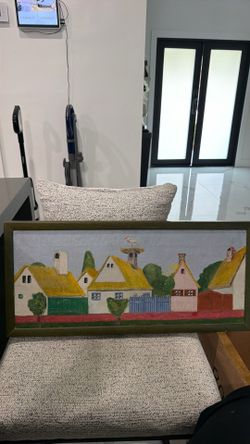 Original Folk Art Village Landscape Painting with Stork Nest, Signed E.N