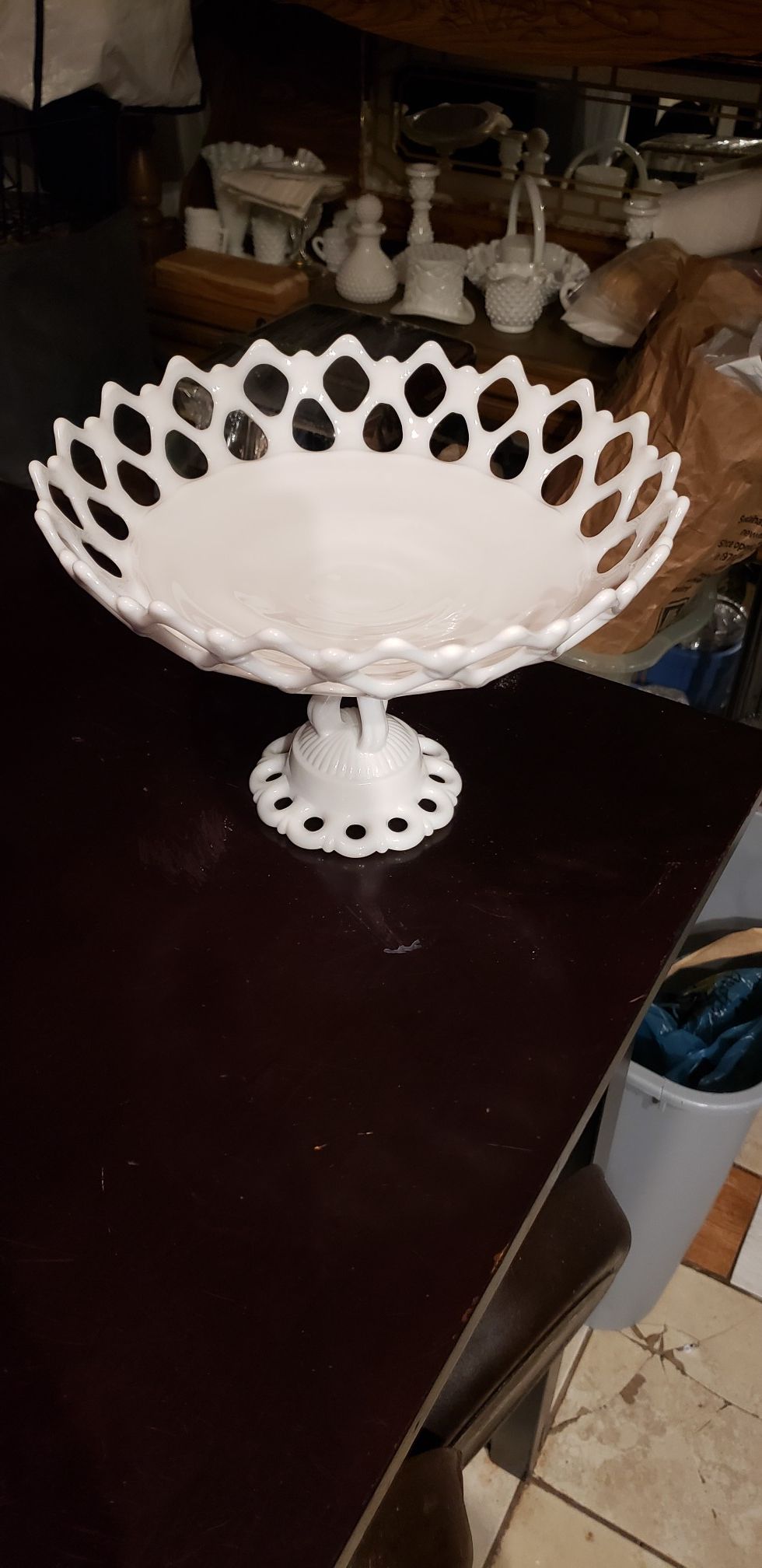 Vintage Westmoreland Milk Glass Wedding Cake Stand with Lacy Edge - Doric Pattern - Fruit Bowl